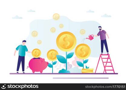 Men&rsquo;s team invests in growth capital and profits. Businessman saves money for promotion in piggy bank. Employee watering money trees. Future investment for financial security.Flat vector illustration. Men&rsquo;s team invests in growth capital and profits. Businessman saves money for promotion in piggy bank