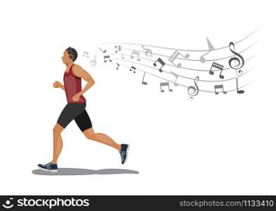 men runing with listening to music via wireless earphones on white background.