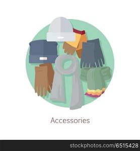 Men s Accessories. Bags, Shoes, Hats and Scarves.. Men s accessories. Vector set with hand drawn colored object on theme of fashion. Fashionable clothes for man. Autumn winter new collection. Bags, shoes, hats and scarves. Vector in flat style
