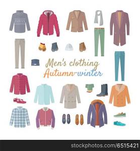 Men s Clothing. Autumn Winter Collection. Vector. Men s clothing. Autumn winter collection. Stylish fashionable clothes from popular designers. Best world brands trends. New collection of shoes and outwear models. For store, boutique ad. Vector
