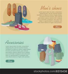 Men s Shoes Accessories. Autumn Winter Collection.. Men s shoes and accessories. Autumn winter new collection. Bags, shoes, hats and scarves. Stylish footwear for man. Boots athletic shoes, casual footwear. Fashionable boatshoes. Vector in flat style