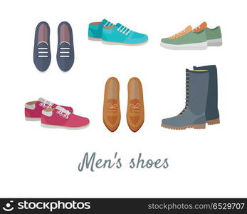 Men s Shoes. Stylish Footwear for Man. Vector. Men s shoes. Stylish footwear for man. Boots athletic shoes, casual footwear. Loafers. Dress boots. Work boots. Chukkas. Duck boots. Gym sneakers. Slippers. Boatshoes Autumn winter collection Vector