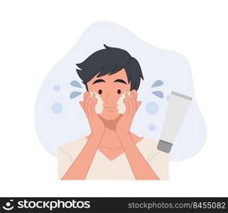 men’s skin care concept, facial cleansing foam,acne treatment before and after,flat vector cartoon illustration