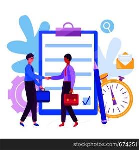 Men shaking hands after signing contract. Concept businessman partnership. Making business deal vector illustration in flat style. Concept men shaking hands after signing contract