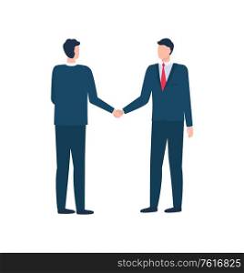 Men shaking hands, meeting of delegates, businessmen characters standing together, portrait and back view of workers in suit, company cooperation vector. Representative Characters Shaking Hands Vector