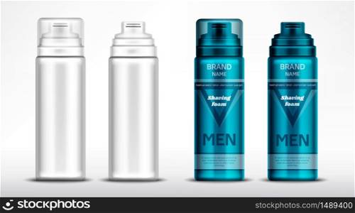 Men shaving foam bottles mockup, blank cosmetics tubes with closed and open cap, flasks with brand design isolated on white background. Body care cosmetic product, realistic 3d vector illustration set. Men shaving foam bottles mockup, cosmetics tubes