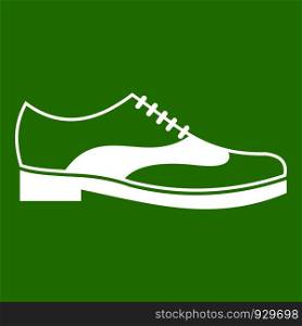 Men shoe with lace icon white isolated on green background. Vector illustration. Men shoe with lace icon green