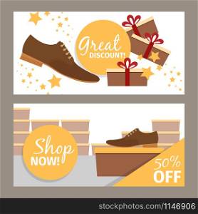 Men shoes horizontal banners for advertising. Vector fashion model man shoe store and discount. Men shoes horizontal banners for advertising
