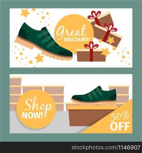 Men shoes horizontal banners. Vector summer fashion model green man shoe store and discount, vector illustration. Summer fashion green man shoe banners
