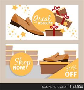Men shoes horizontal banners. Vector summer fashion model man shoe store and discount, vector illustration. Men summer shoes horizontal banners