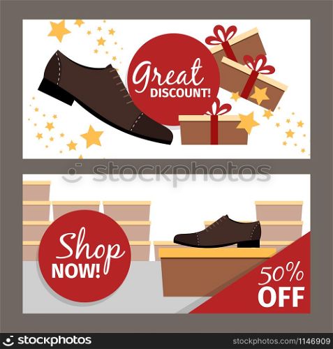 Men shoes horizontal flyers for advertising. Vector fashion model man shoe store and discount. Men shoes horizontal flyers for advertising