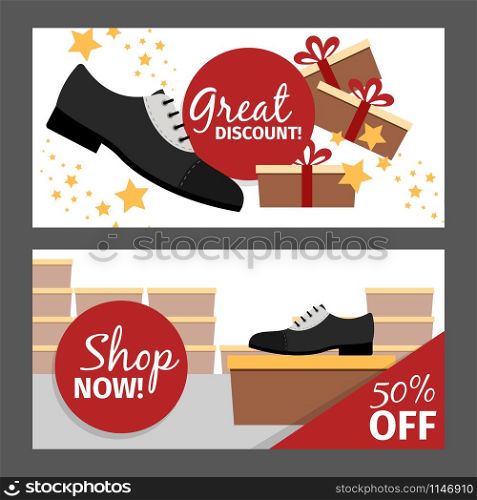 Men shoes horizontal flyers. Vector fashion model autumn man shoe store and discount. Men autumn shoes horizontal flyers