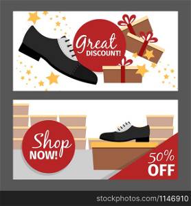 Men shoes horizontal flyers. Vector fashion model autumn man shoe store and discount. Men autumn shoes horizontal flyers