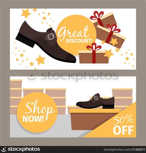 Men shoes horizontal flyers. Vector fashion model man shoe store and discount. Men shoes horizontal flyers for store