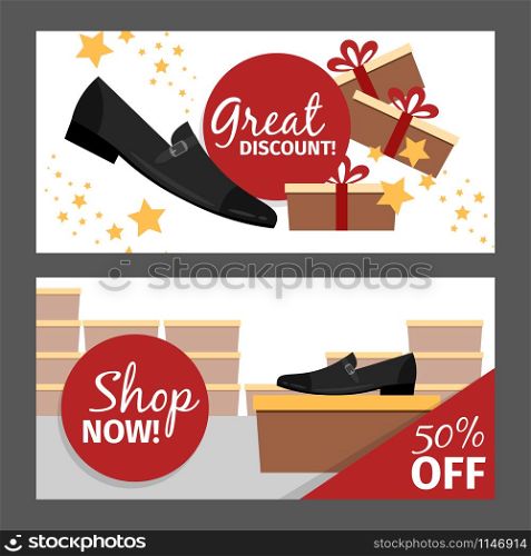 Men shoes horizontal flyers. Vector summer fashion model black man shoe store and discount. Men summer black shoe flyers