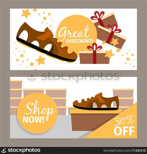 Men shoes horizontal flyers. Vector summer fashion model brown man shoe store and discount. Men summer brown shoe store flyer