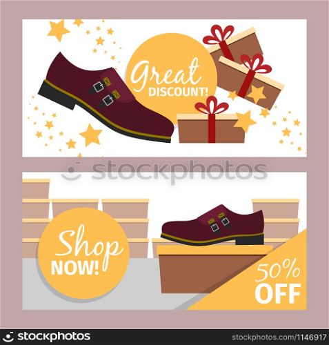 Men shoes horizontal flyers. Vector summer fashion model dark red man shoe store and discount. Men summer dark red shoe flyer