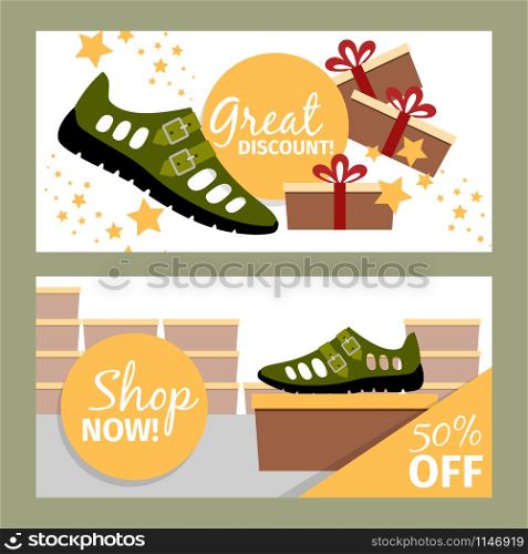 Men shoes horizontal flyers. Vector summer fashion model, green man shoe store and discount. Men summer green shoe flyers