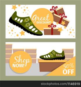 Men shoes horizontal flyers. Vector summer fashion model, green man shoe store and discount. Men summer green shoe flyers