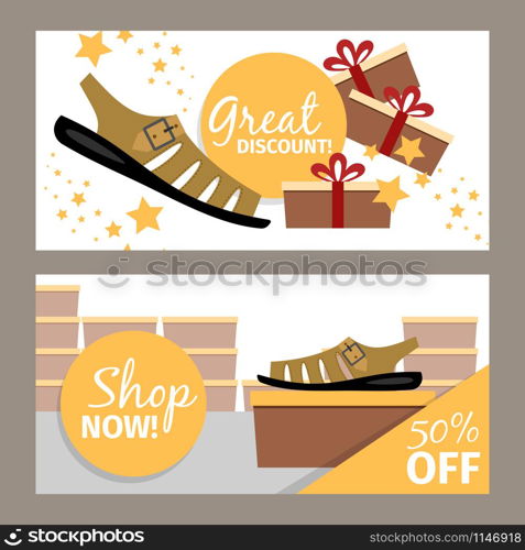 Men shoes horizontal flyers. Vector summer fashion model man shoe store and discount. Men summer shoe store flyer