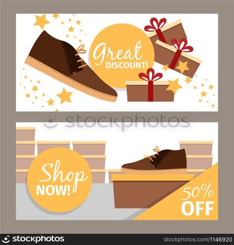 Men shoes horizontal flyers. Vector winter fashion model, man shoe store and discount. Men winter shoe store flyers