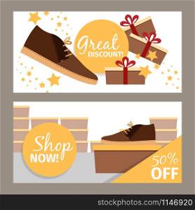 Men shoes horizontal flyers. Vector winter fashion model, man shoe store and discount. Men winter shoe store flyers