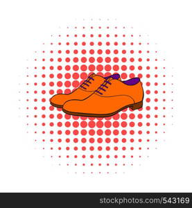 Men shoes icon in comics style on dotted background. Closet symbol. Men shoes icon, comics style