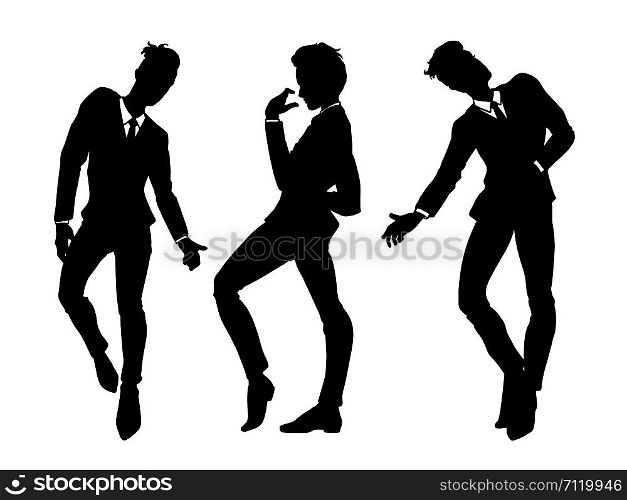 Men silhouettes in classic suits dancing, set of people, isolated on white