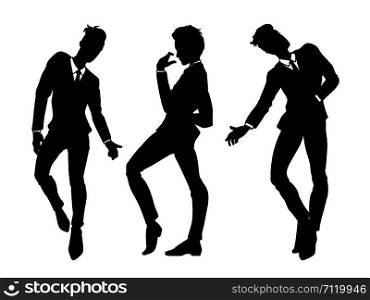 Men silhouettes in classic suits dancing, set of people, isolated on white