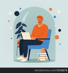 Men siting in a chair and working online at home illustration. Social distancing and self-isolation during corona virus quarantine. Men siting in a chair and working online at home illustration. Social distancing and self-isolation during corona virus quarantine.