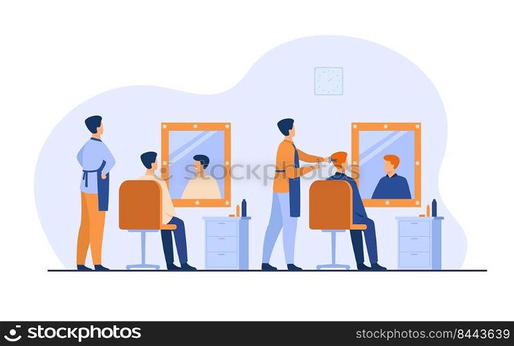 Men sitting in barbershop isolated flat vector illustration. Cartoon hairdressers doing haircut for male clients in chair. Hairdressing salon and beauty parlor concept