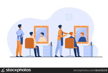 Men sitting in barbershop isolated flat vector illustration. Cartoon hairdressers doing haircut for male clients in chair. Hairdressing salon and beauty parlor concept