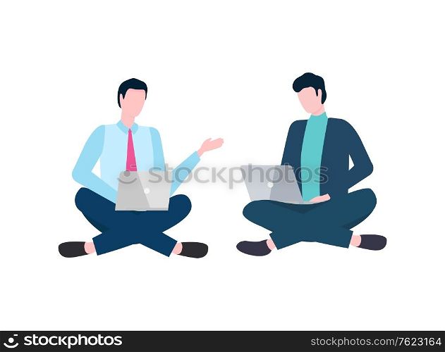 Men sitting in lotus position with laptop, people working with wireless device, portrait view of employees in suit discussing work, using computer vector. Flat cartoon. Workers Sitting with Laptop, Men Discussing Vector