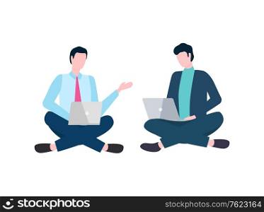 Men sitting in lotus position with laptop, people working with wireless device, portrait view of employees in suit discussing work, using computer vector. Flat cartoon. Workers Sitting with Laptop, Men Discussing Vector
