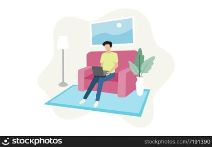 Men sitting on sofa with laptop at the living room. Illustration related to working from home