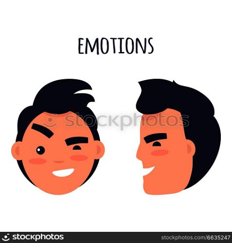 Men skeptic emotions concept. Brunette male face in full face and profile with sarcastic facial expression flat vector isolated on white. Condemning man emotive portrait for icon, avatar illustration