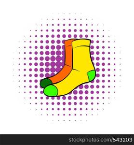 Men socks icon in comics style on dotted background. Closet symbol. Men socks icon, comics style