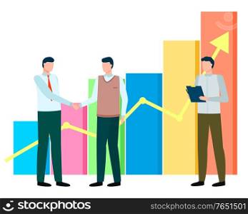 Men stand near statistics chart with analytics. Business meeting for agreement and cooperation. Businessmen doing handshaking about deal. Data graph with up arrow to success. Vector illustration. Men Stand near Statistics Chart, Business Meeting