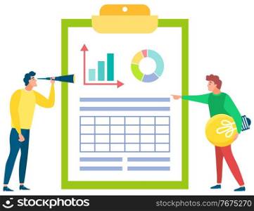 Men standing near board with data diagrams and charts and looking on it through magnifying glass. Person stand with light bulb in hands. Vector illustration flat style. People Looking at Data Board with Magnifying Glass