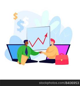 Men sticking out from computer screens and shaking hands. Laptop, graph, handshake. Business concept. Vector illustration for topics like agreement, deal, cooperation