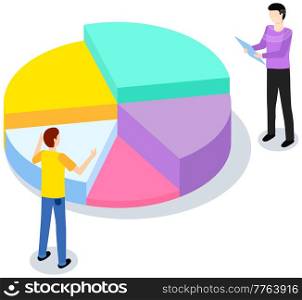 Men study statistics shown on pie chart. Analyze financial information concept. Guys are working with data. Characters discuss while working with statistical graph. Profit sectorized diagram. Characters discuss while working with statistical pie chart. Profit sectorized diagram, statistics