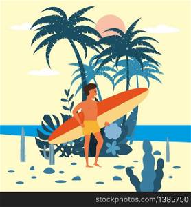 Men surfer character with surfboard in shorts on background of exotic plants of palm sea, ocean. Men surfer character with surfboard in shorts on background of exotic plants of palm sea, ocean, beach. Trend modern flat cartoon, vector, isolated, poster