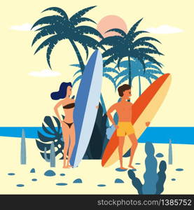 Men surfer character with surfboard in shorts on background of exotic plants of palm sea, ocean. Women and men surfers characters with surfboard in bikini and shorts on background of exotic plants of palm sea, ocean, beach. Trend modern flat cartoon, vector, isolated, poster