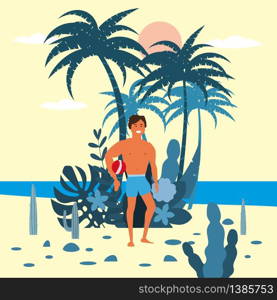 Men surfer character with surfboard in shorts on background of exotic plants of palm sea, ocean. Men beach volleyball player character with a ball in shorts on background of exotic plants of palm sea, ocean, beach. Trend modern flat cartoon, vector, isolated, poster