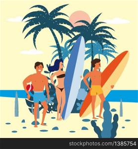 Men surfer character with surfboard in shorts on background of exotic plants of palm sea, ocean. Women and men surfers and beach volleyball player characters with surfboard in bikini and shorts on background of exotic plants of palm sea, ocean, beach. Trend modern flat cartoon, vector, isolated, poster