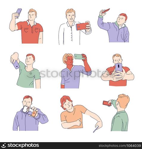 Men taking selfie with smartphones isolated icons male characters in shirts or T-shirts and hoodie photography and gadget with camera modern device photo portrait posing and social media vector.. Men taking selfie with smartphones isolated icons male characters