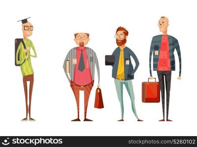 Men Teachers Retro Cartoon Collection. Teachers retro cartoon collection with smiling men in glasses with bags on white background isolated vector illustration