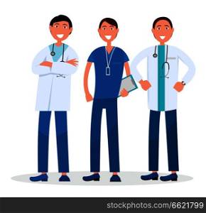Men team of therapists vector illustration of healthcare people with stethoscopes, tablets and name badge. Physicians dressed in uniform or white gown. Men Team of Three Therapists Standing and Smiling
