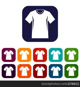Men tennis t-shirt icons set vector illustration in flat style in colors red, blue, green, and other. Men tennis t-shirt icons set
