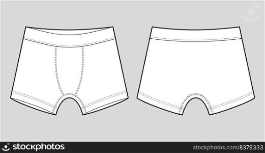 Men underpants. Technical sketch children’s boxer shorts underwear. Front and back view. CAD fashion design. Vector illustration. Men underpants. Technical sketch children’s boxer shorts underwear